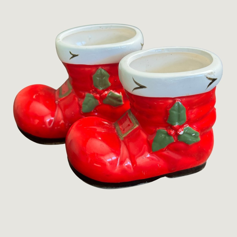 Pair of Vintage Lefton Santa Boots Red Ceramic Holly Christmas Decor